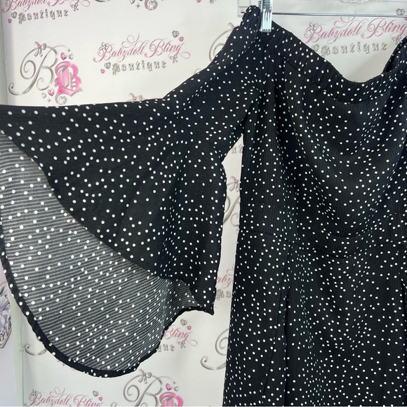 Showpo dress bell bottom sleeve dots Black and White Polka Dot Long Sleeve Dress - Picture 3 of 16